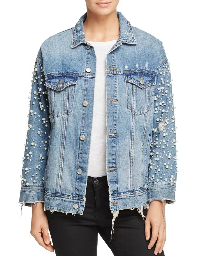 Gradient Pearl Embellishments Denim Jacket Plus Size Long Casual Breathable Anti-shrink OEM Service YARN DYED Eco-friendly Plaid