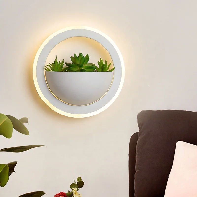 Modern minimalist acrylic bedroom bedside LED wall light with artificial green plants