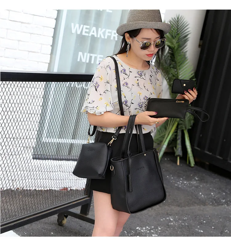 Promotion cheap leather handbags for women 4pcs in a set big size tote handbags ladies luxury shoulder crossbody bag with tassel