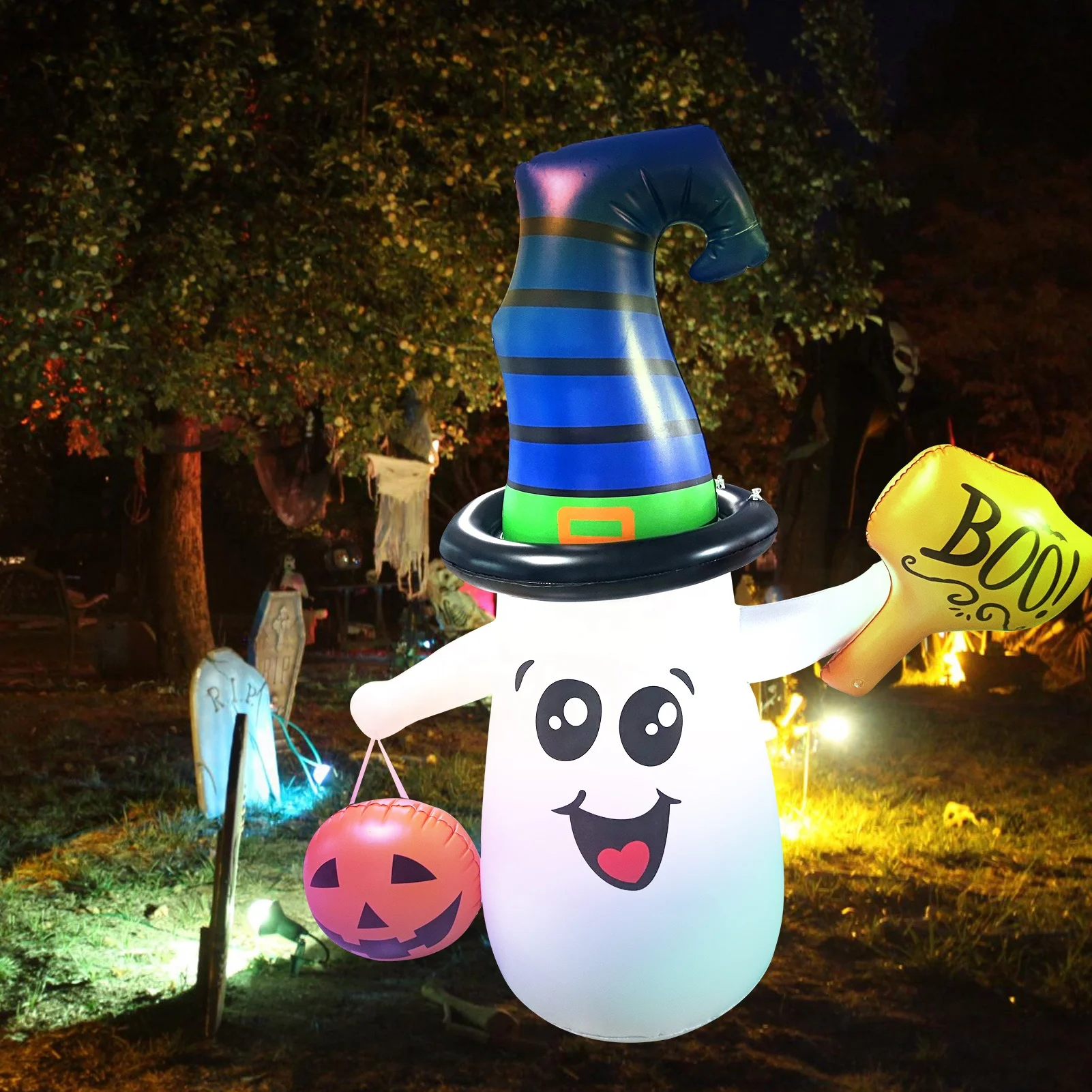 5ft Height Halloween Inflatable LED Lighted White Ghost with Pumpkin Lantern Outdoor Lawn Yard Decoration