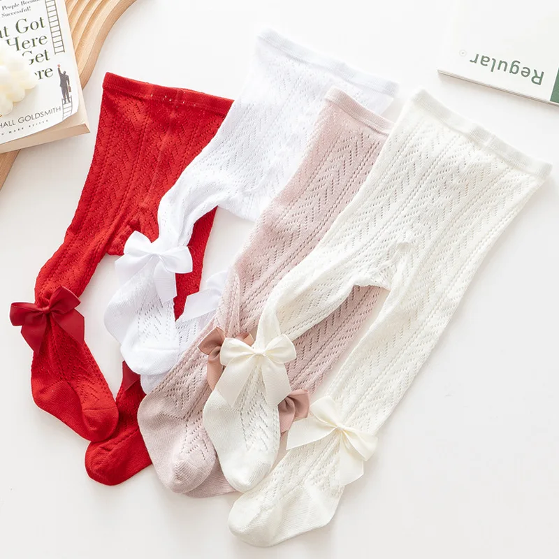 Korea Fancy Solid Color Princess Bows Newborn Tights Pantyhose Thin mesh Hollow Out Lovely Baby Kids Pantyhose