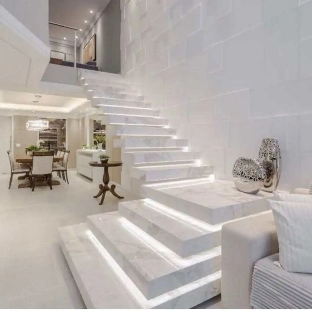 White marble step LED light staircase stone tread glass railing stairway tile stairs marble base steel stringer staircase