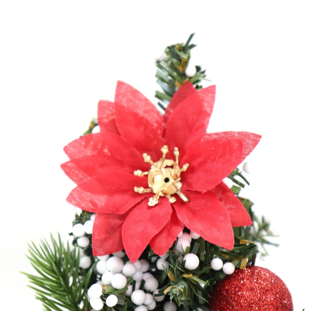 Wholesale Non-woven Fabrics Christmas Tree Artificial Table Mini Tree Christmas Decor Plastic Tree With Red flower and foam ball