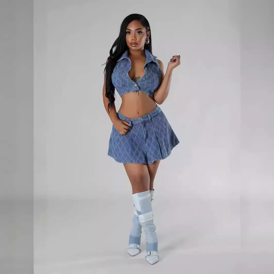 New arrival fashion sleeveless top short skirt sexy casual personality denim 2 pieces sets elegant street suits women clothing