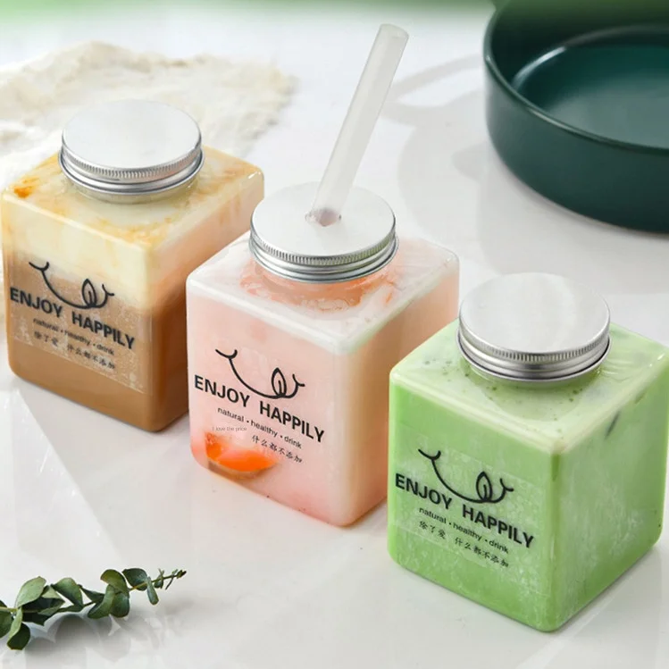 200pcs moq New Square milk tea plastic bottle 500ml Transparent disposable takeaway juice  pet Beverage bottle