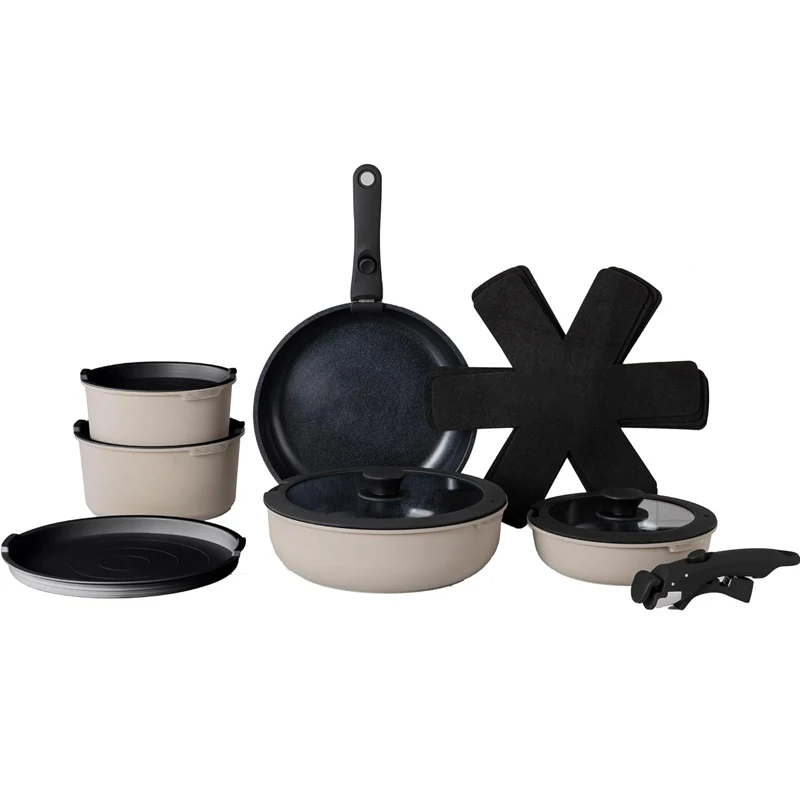 Cast aluminium nonstick cookware set,  ceramic pan set with detachable handle, stackable pots set