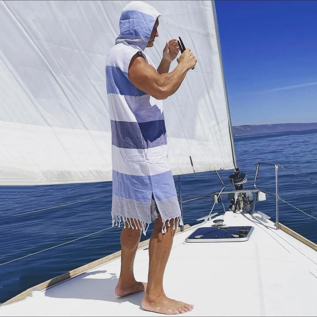 New Listing Moana Striped Cotton Cape Super Soft Turkish Hooded Poncho Towel for Kids for Bath Pool Beach Swim Surf Changing