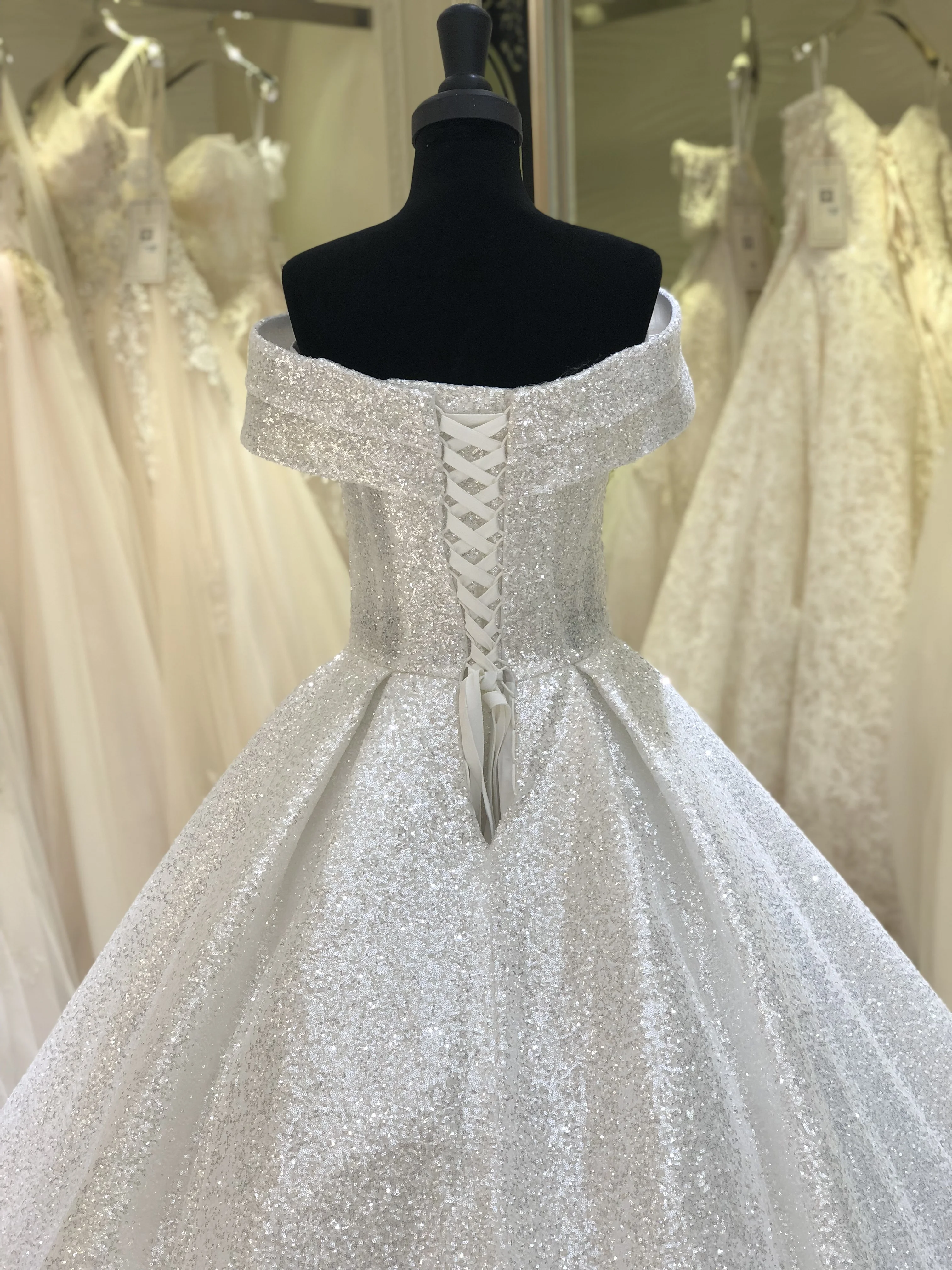 2021 real sample off shoulder chapel train wedding dress robe de mariage bling bling bridal dress