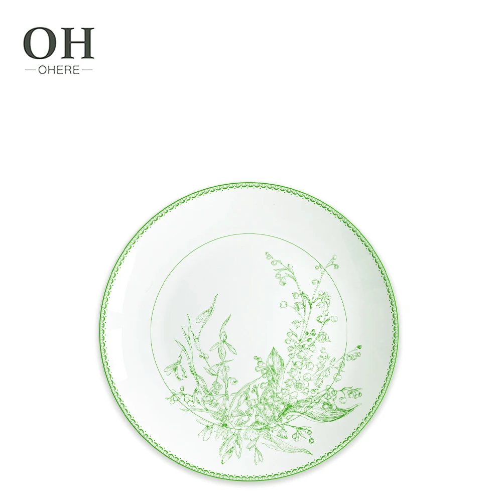Green Floral Dinner Set Country Style Plate Set Dinnerware Luxury Bone China Tableware for Catering&Rental&Event