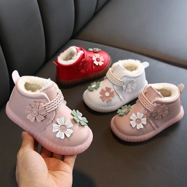
KS1901 Nice flower appliqued baby warm winter shoes PU leather toddler girls shoes 
