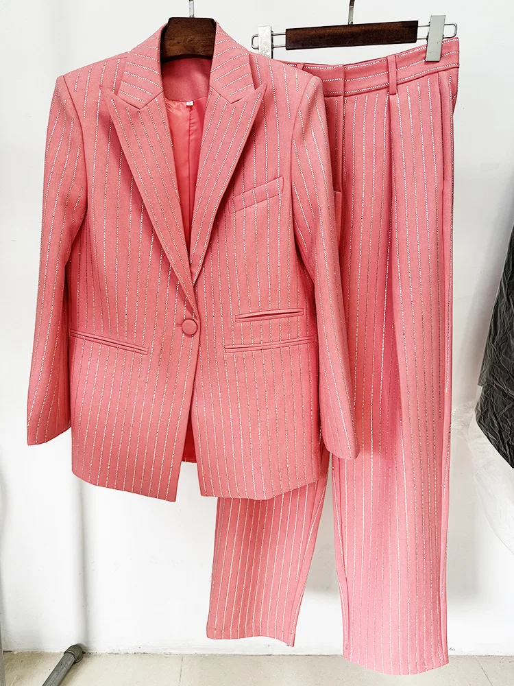 A9434 New Fashion Women Suit Rhinestone Beaded Loose Style Jacket and Trousers Set Formal Office Ladies Women Suit