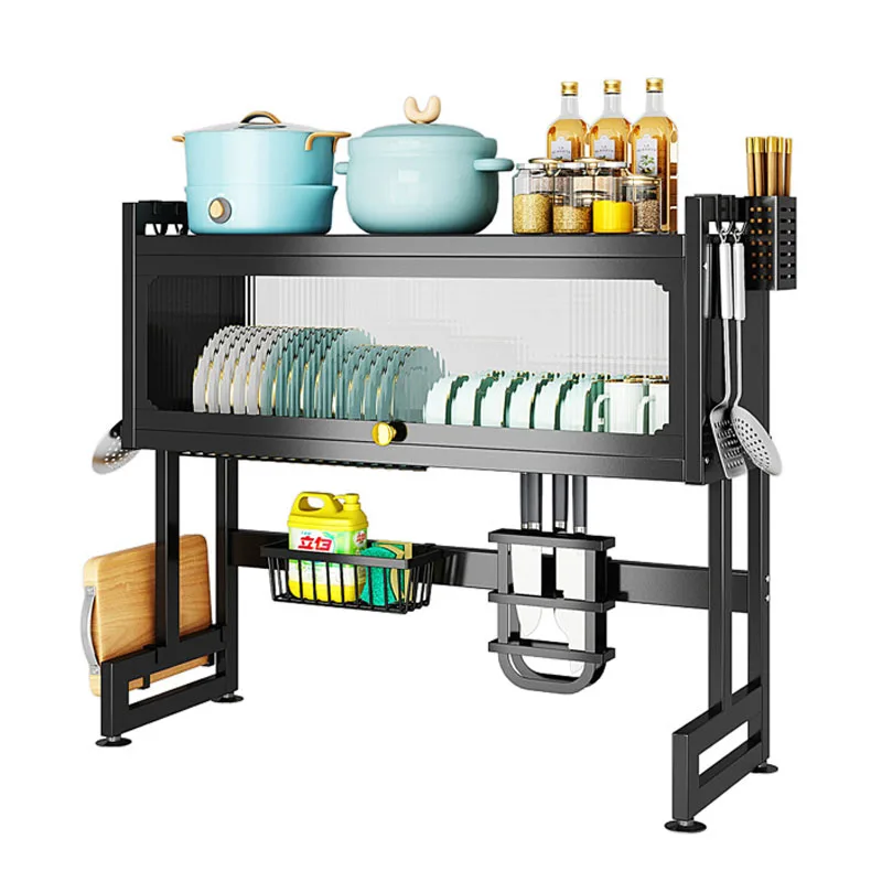 New Style Wholesale Kitchen Over Sink Dish Drying Rack Metal Shelf With Transparent Cabinet Door