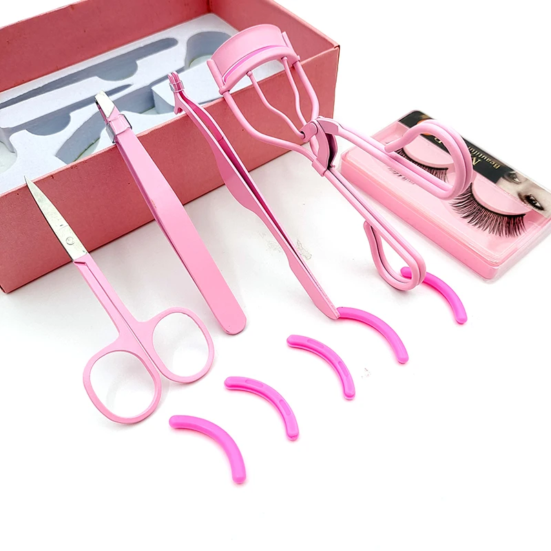 pink custom stainless steel false eyelash tweezer eyebrow scissor clip with lashes curler applicator 4pcs set