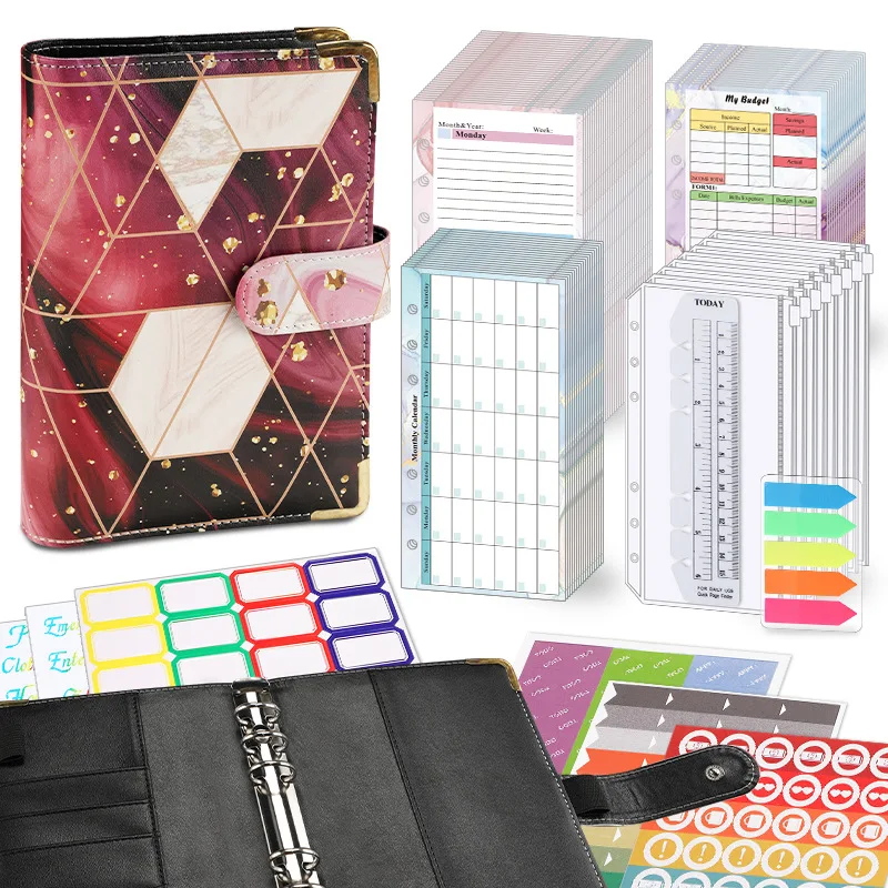 A6 Loose-leaf Rings Binder New Gold Stamping Marble Pu Leather Budget Binder With Cash Envelopes Journal Notebook Planner Diary