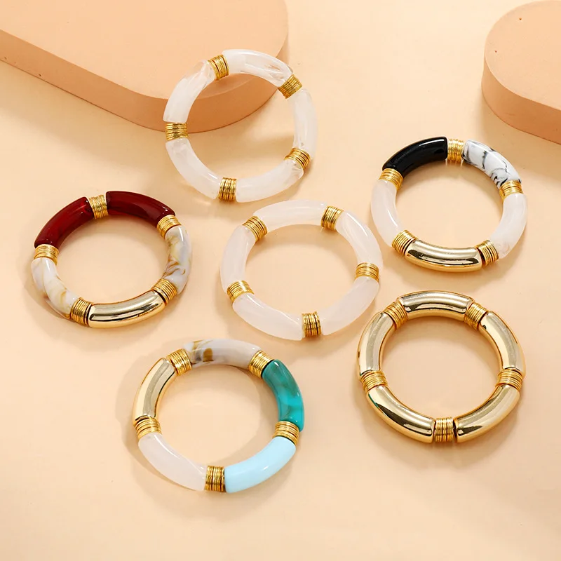 Fahion Bamboo Tube Bangles Bracelet Chunky Curved Stacking Clear Acrylic Colorful Beads Stretchable Friendship Gold Bracelets
