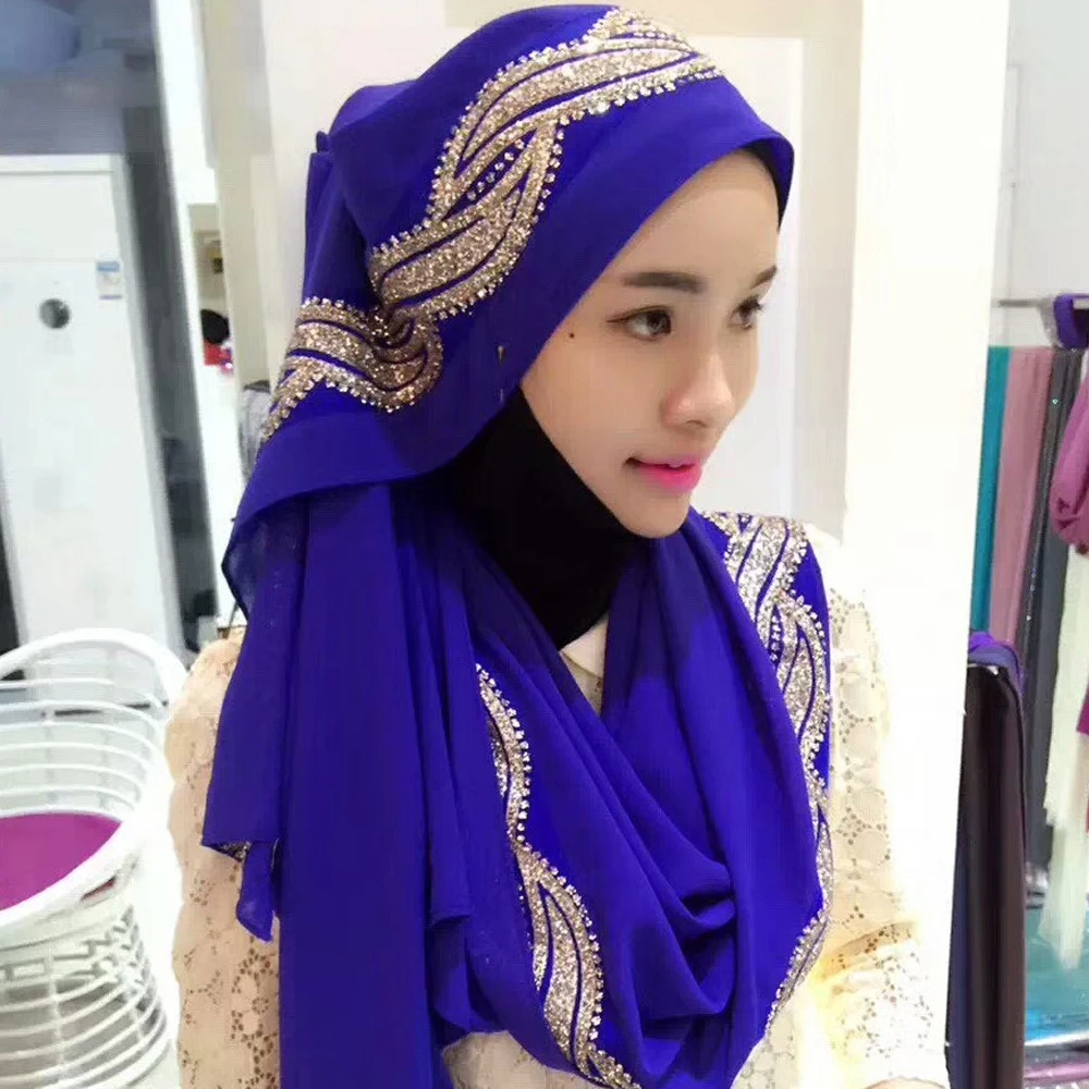 180*75 CM Malaysian Gold  Rhinestone Shawl Hijab Female Plain Chiffon Scarf Hijab
