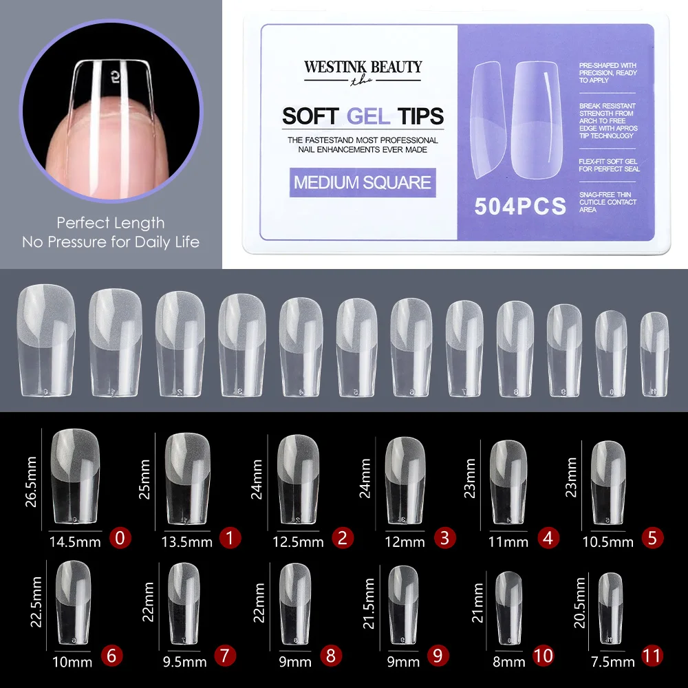 CaiXuan 504pcs C Curve Nail Tips Xxxl Soft Gel Tips Clear Square Nail Tips