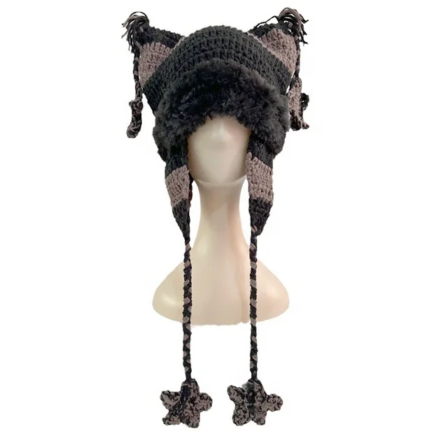 2024 The new sweet and lovely pure hand-woven warm woolen hat Pentagon galaxy knitted hat with cat ears wholesale