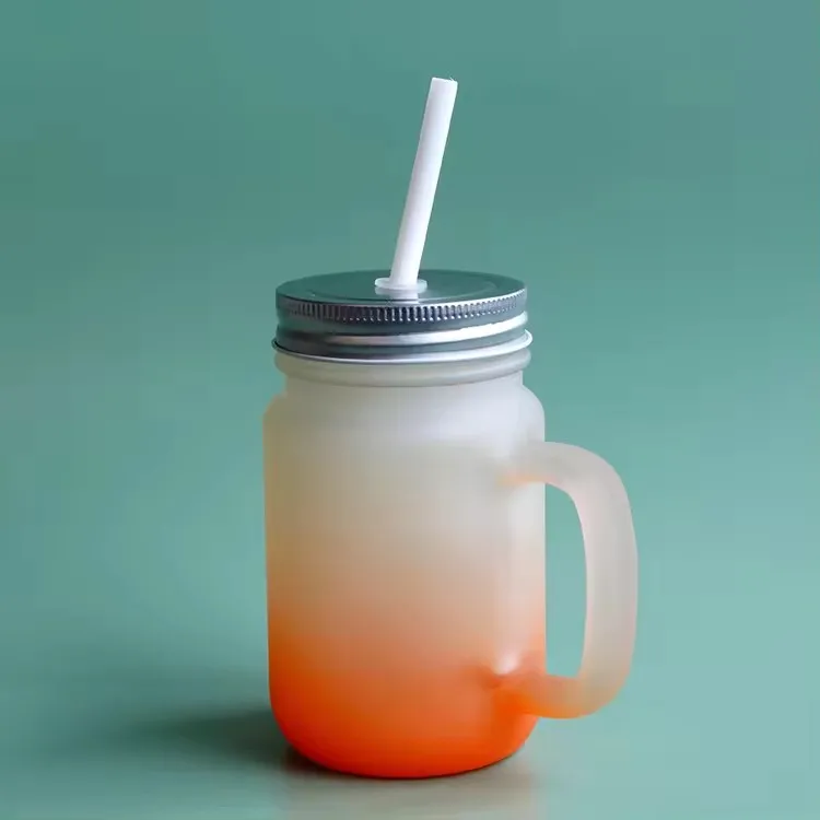 14OZ Gradient Colored Mason Jars for Sublimation Handle Lids with Straw Subcategory Mugs