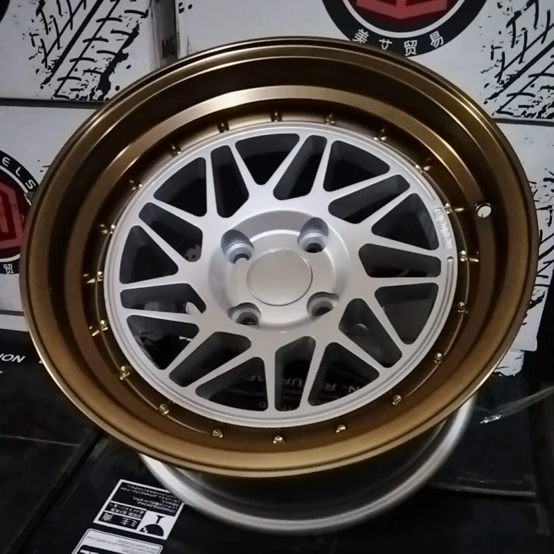 Popular silver + bronze lip design 15 inch alloy cast deep dish car wheels rims 4x100 with 4 holes
