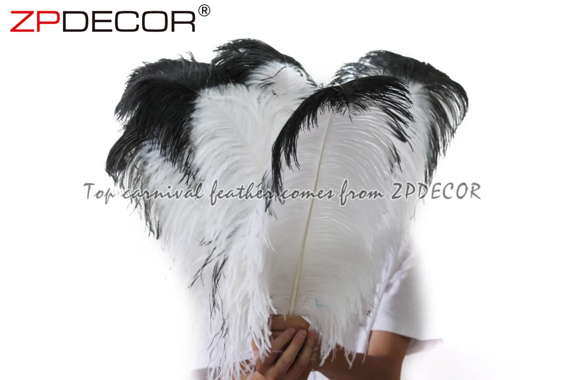 Gold Supplier ZPDECOR Wholesale 70-75 cm White Ostrich Feathers with Black Tip for Carnival Costume Headpiece