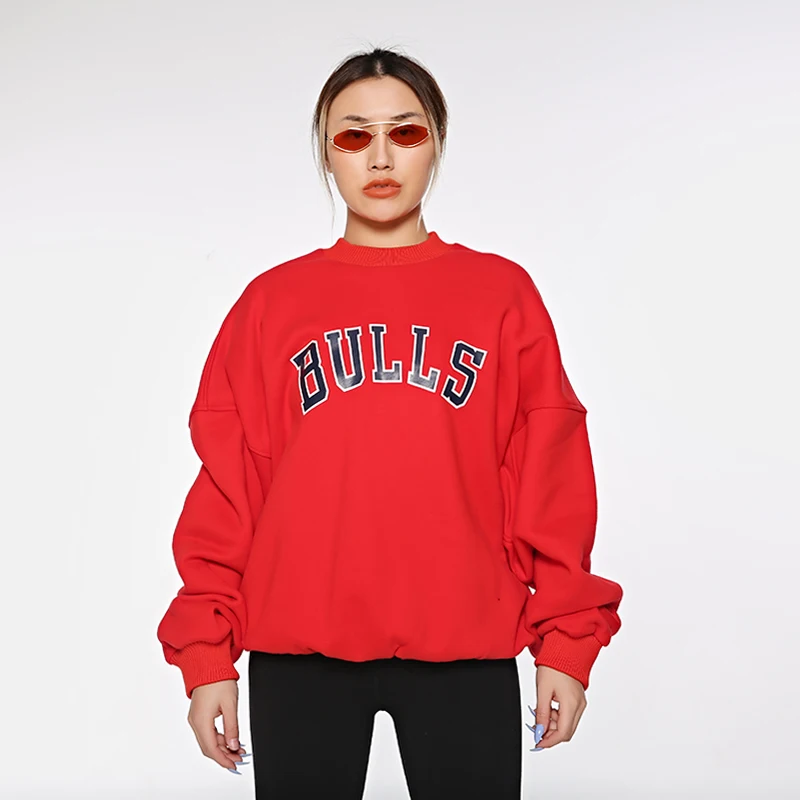 Толстый женский свитшот из 80% хлопка с надписью на заказ, оверсайз, красный свитшот с круглым вырезом и графическим принтом, осень 2021, женская одежда