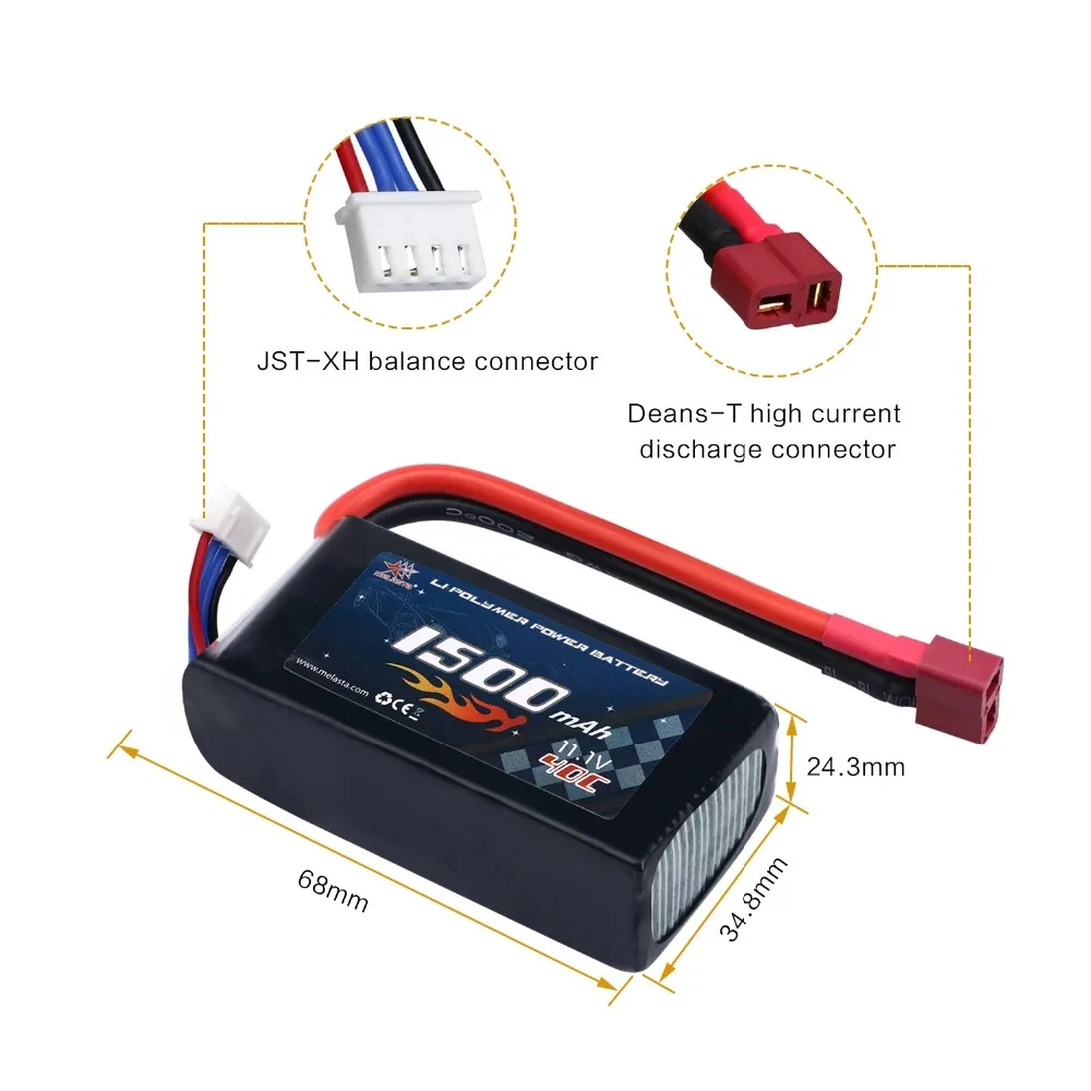 Melasta 1500mAh 11.1V 40C 3S  LiPo Battery Pack Deans -T Connector for RC Battery Racing Cars Aircraft & Helicopter,Rc car