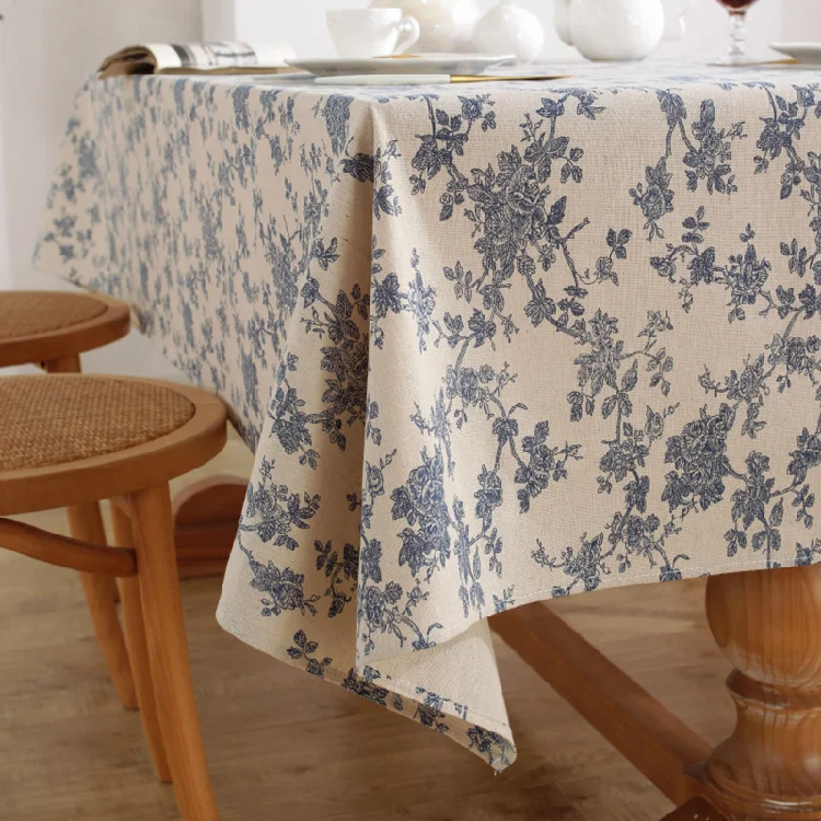 Fashionable Cotton Linen Tablecloths Blue Floral Pastoral Style Toile De Jouy Fabric For Slipcovers