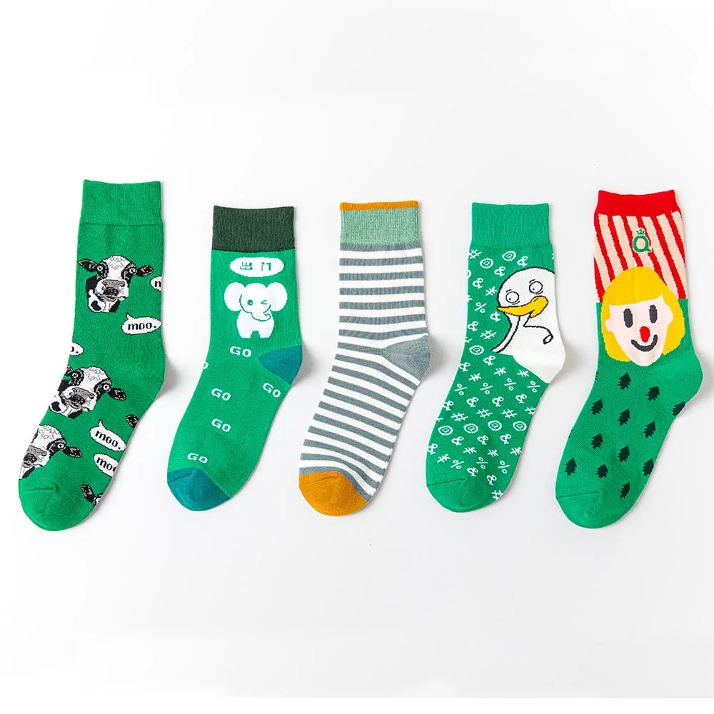 Изготовленные На Заказ Зеленые Чулочные изделия Мультяшные милые корейские необычные женские носки
