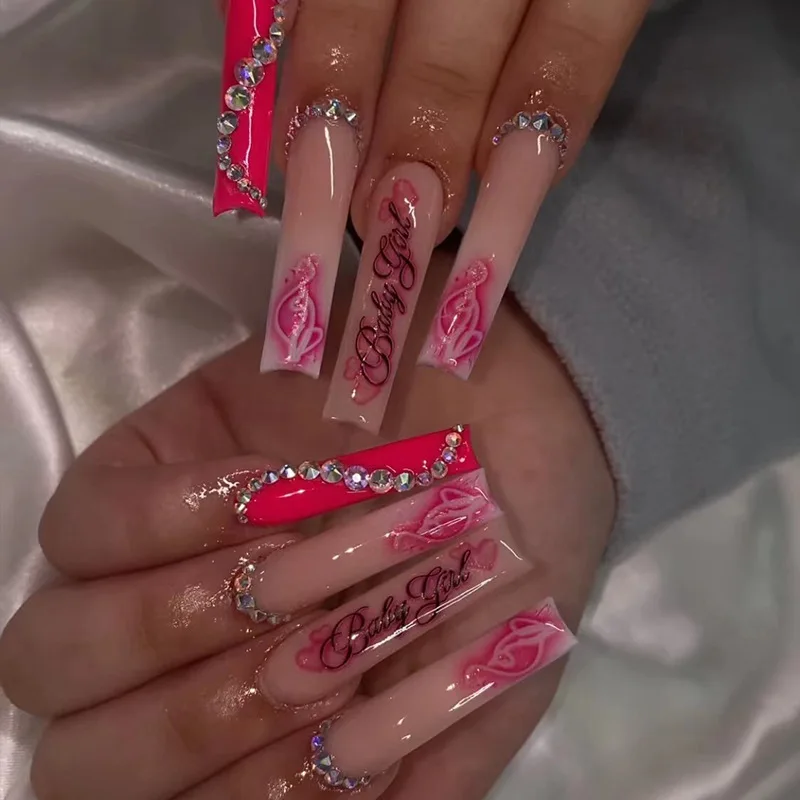 Wholesale Reusable False Nails 3D Flash Diamond Flowers Pink French Gold Butterfly Euro-American Super Long Pressed On Nails