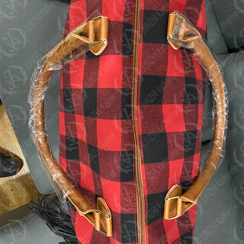 JUNZHI Red Black Buffalo Weekender Fringe Plaid Bag