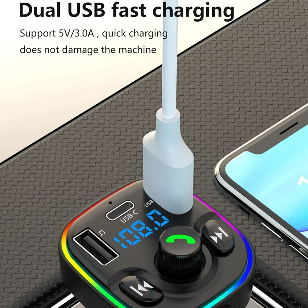 Автомобильный MP3-плеер Bluetooth 5,0, FM-передатчик, беспроводной радиоадаптер, музыкальный плеер, автомобильный комплект с 2 USB 1 PD, светодиодной подсветкой