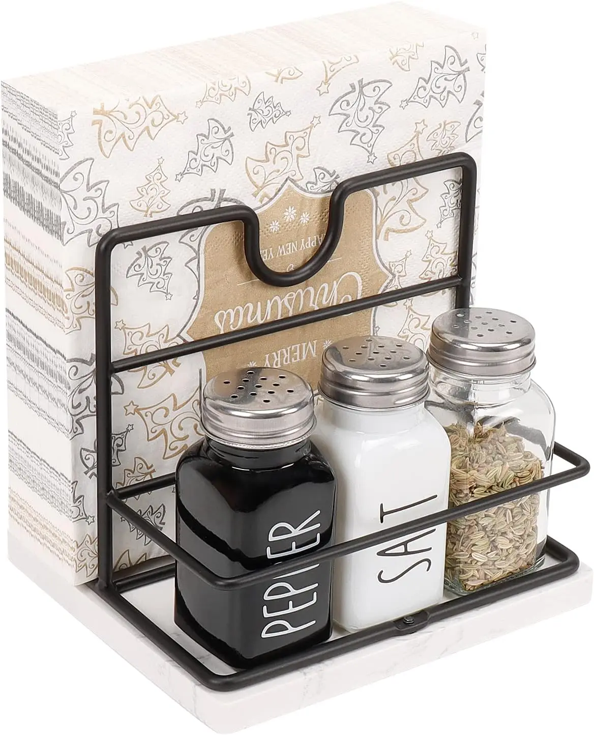 Napkin Holder, Metal Napkin Holder with Salt and Pepper Shakers Caddy Modern Napkin Dispenser for Table Kitchen Countertop