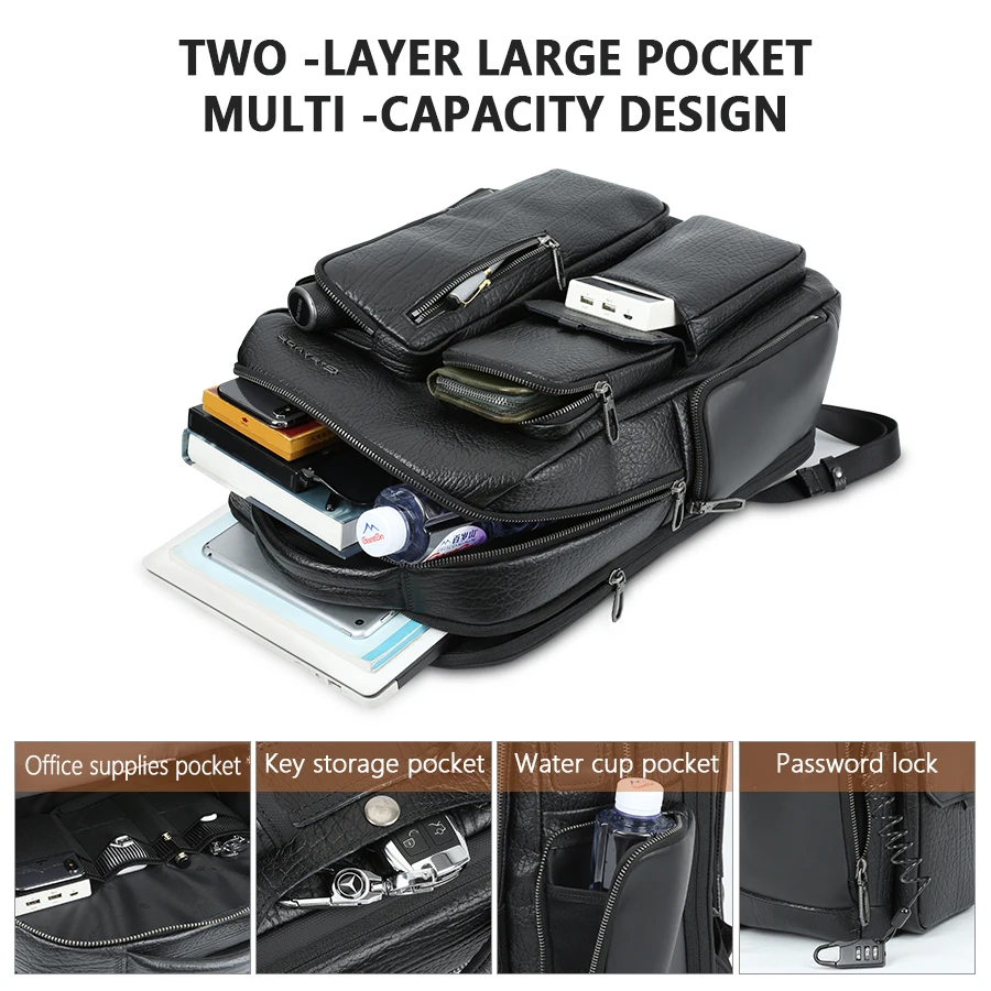 Custom Logo Men Large Capacity Travel  Genuine Leather Bag Cow Leather Bags Factories Anti Theft Laptop Backpack Usb Charing