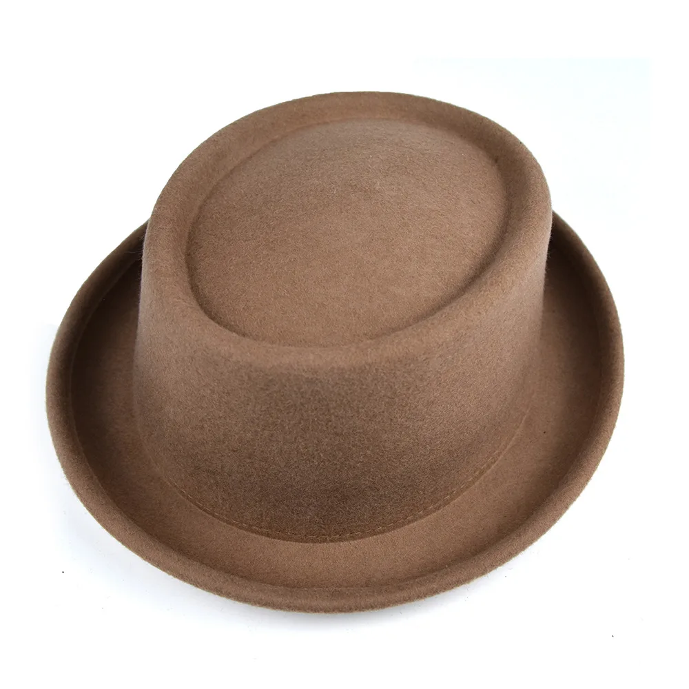 New 100% Wool Felt Trilby Pork Pie Hat Women Men Classical Solid Color Curved Brim Woolen Fedora Cap