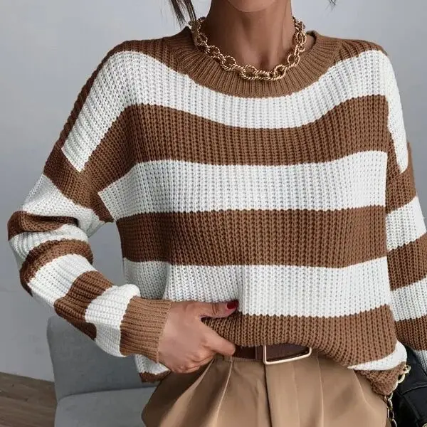 2024 New Autumn/Winter Knitwear Top Color Block Korean Loose Lazy Stripe Pullover Sweater
