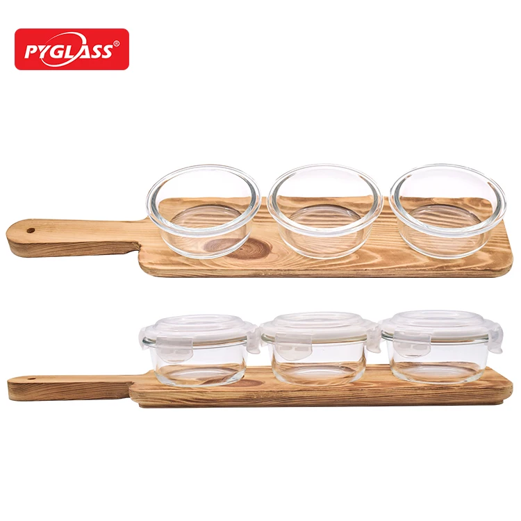 Three sets of mini round glass food storage containers with lids ,Glass food container with pine tray