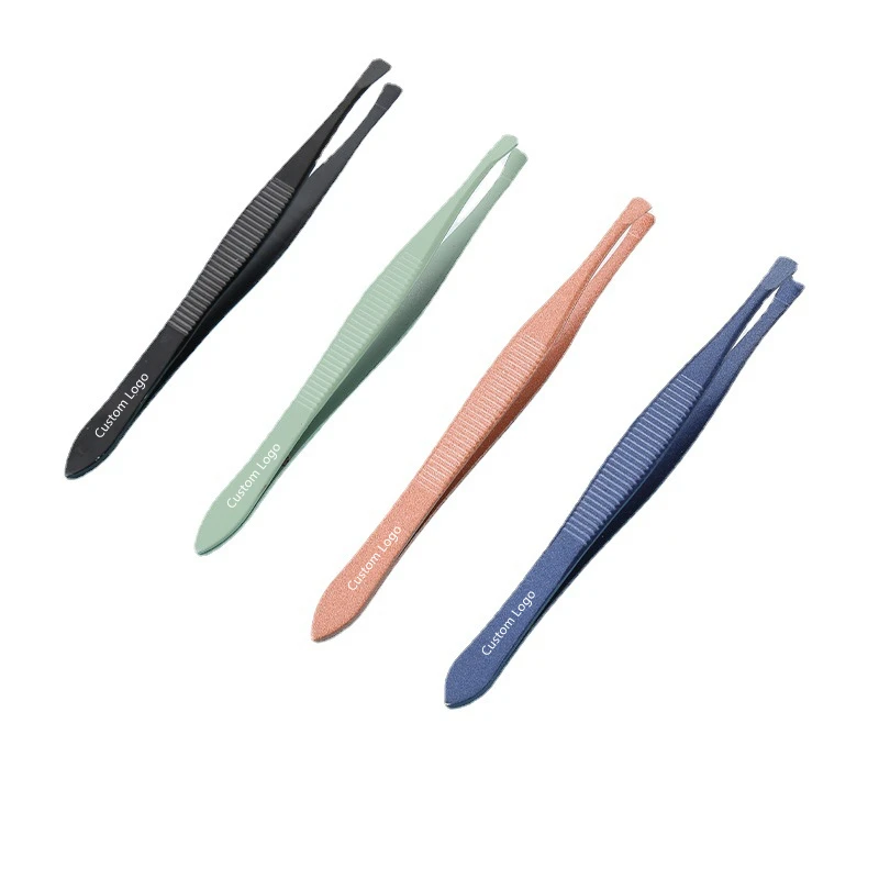 Personalized Professional Flat Tip Black Rose Gold Stainless Eyebrow Tweezers Colorful Makeup Eyelash Tweezers Private Label