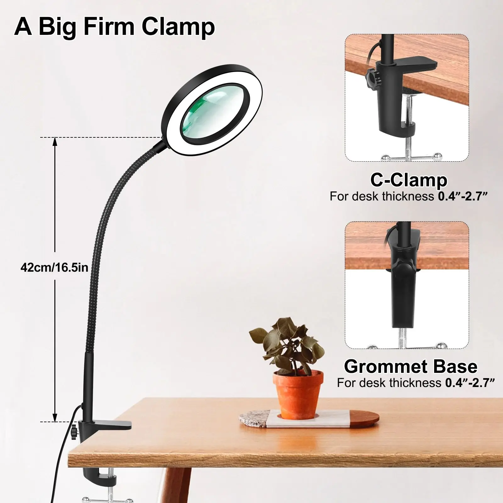 2 In 1 LED Magnifier Desk Lamp 5X Illuminated Magnifier USB 3 Colors LED Magnifying Glass with Stand Repair Read Holder Tools