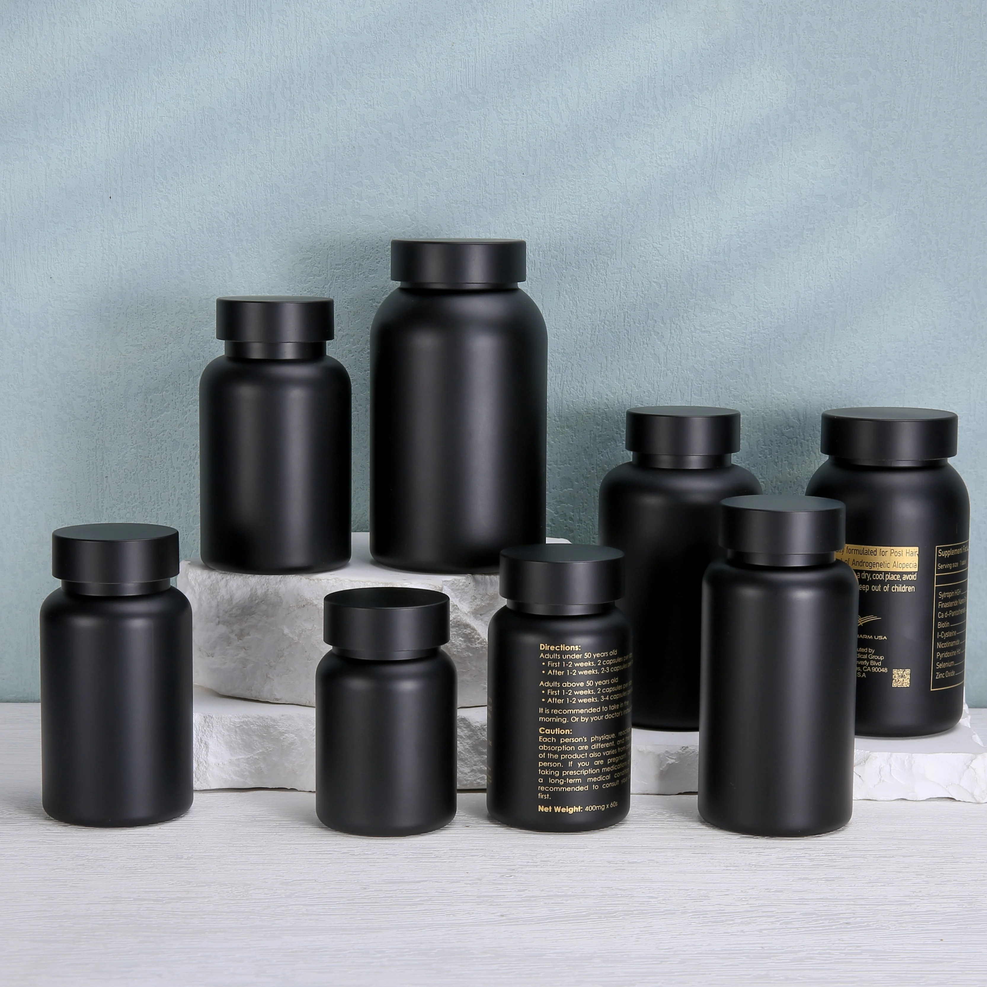 Matte Black whole sizes customized printing high-end empty plastic bottle for capsules medicine vitamin packaging manufacturing