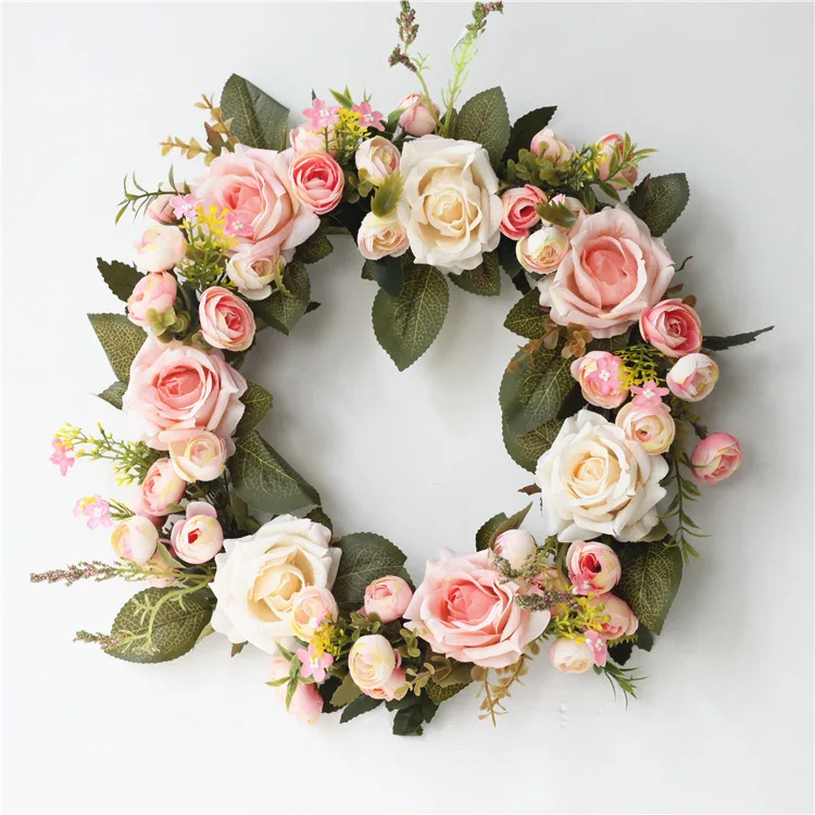 Artificial roses flower Wreath Flower Garland And Green Leaves For Front Door Indoor Or Outdoor Wall Wedding