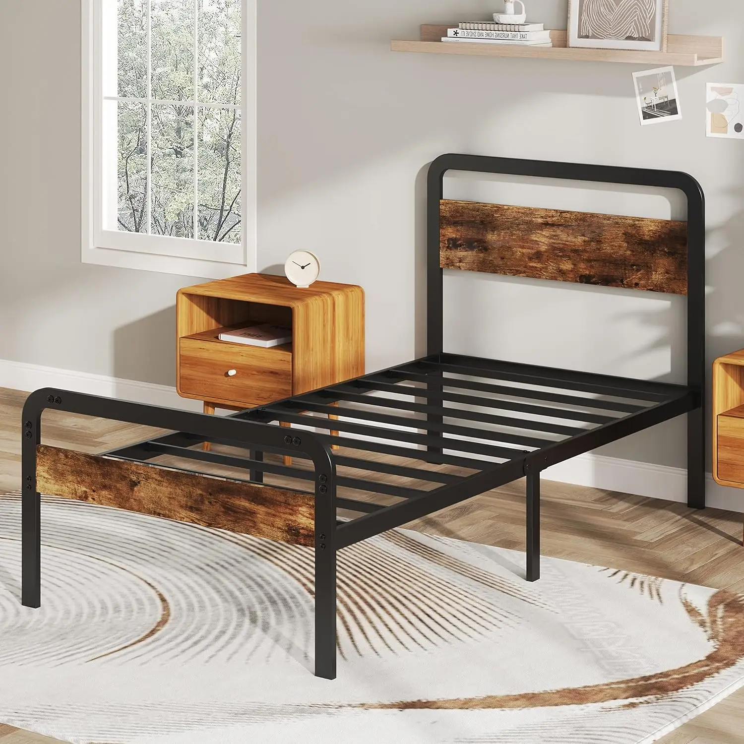 Children Twin Size Metal Bed Frame for Kids with Wood Headboard and Footboard