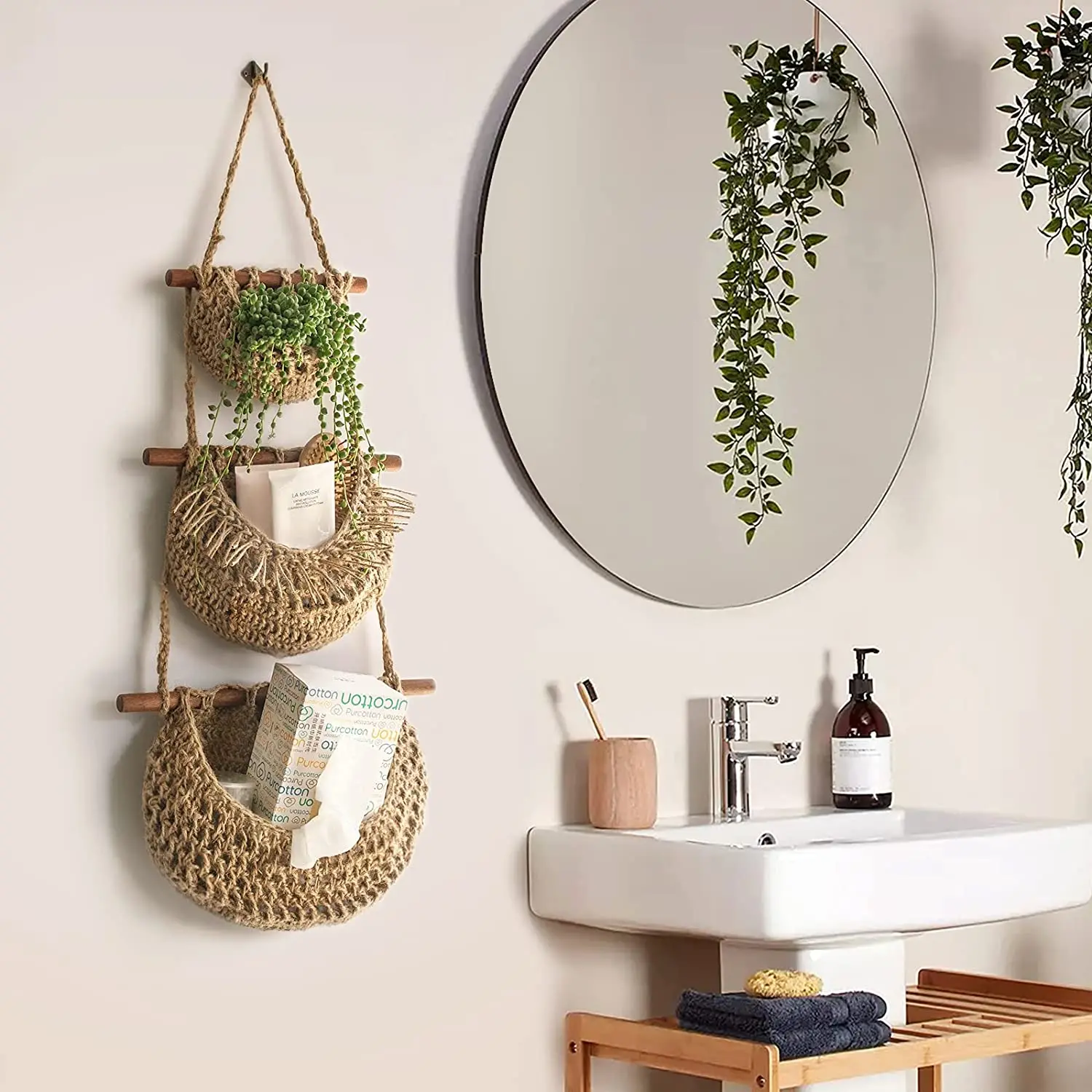 Hot sale boho woven basket home decor hanging wall fruit basket 3 tier wicker basket