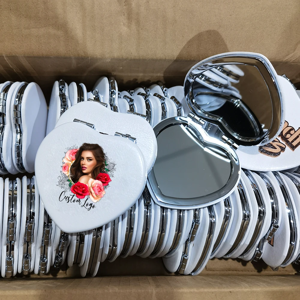 Make Your Logo Pu Mirrors Bling Mirror Rhinestone Hand Held Heart Shape PU Makeup Lash Mirror for Cosmetics