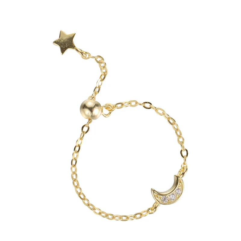 S925 Sterling Silver Micro-Setting Chain Adjustment Bead Ring Featuring Star and Moon Design, Ideal for Fashionable Women