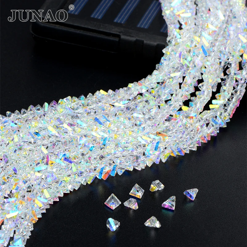 JUNAO High Quality Shiny 4mm Crystal String Beads Glass Transparent AB Stones Chain Triangle Gemstone Beads For Clothes Tassels