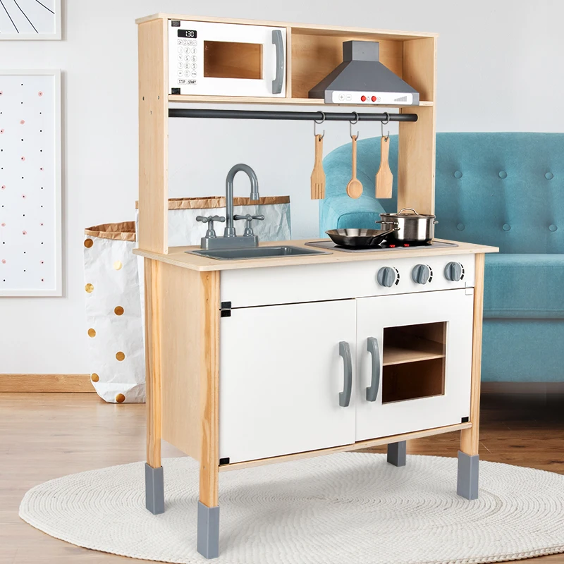 NUNUKIDS Newly released child large classic wooden kitchen toys play set electronic stove toy with light and sound