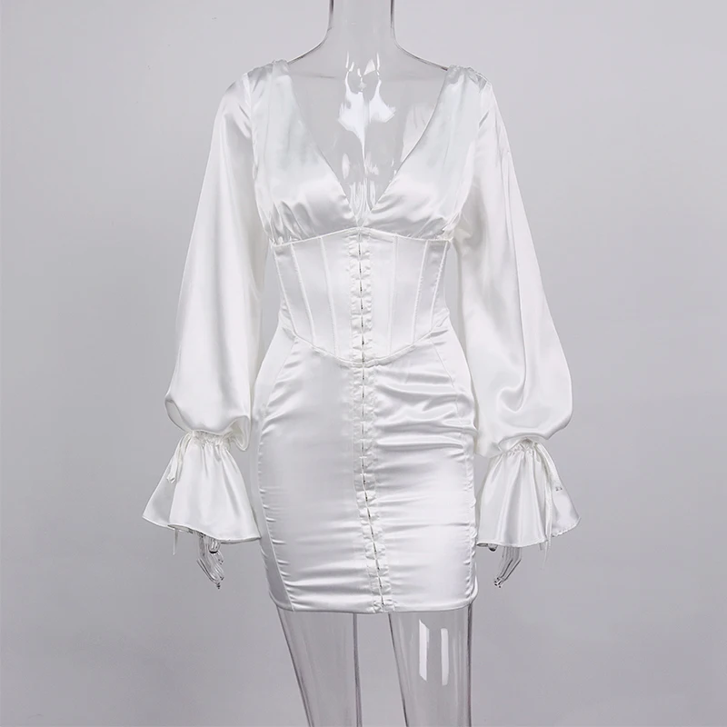 2021 Summer Deep V Neck Lantern Sleeve Boned Corset Xs Clothing Elegent Fancy Satin Spring Casual Dresses Women Trendy