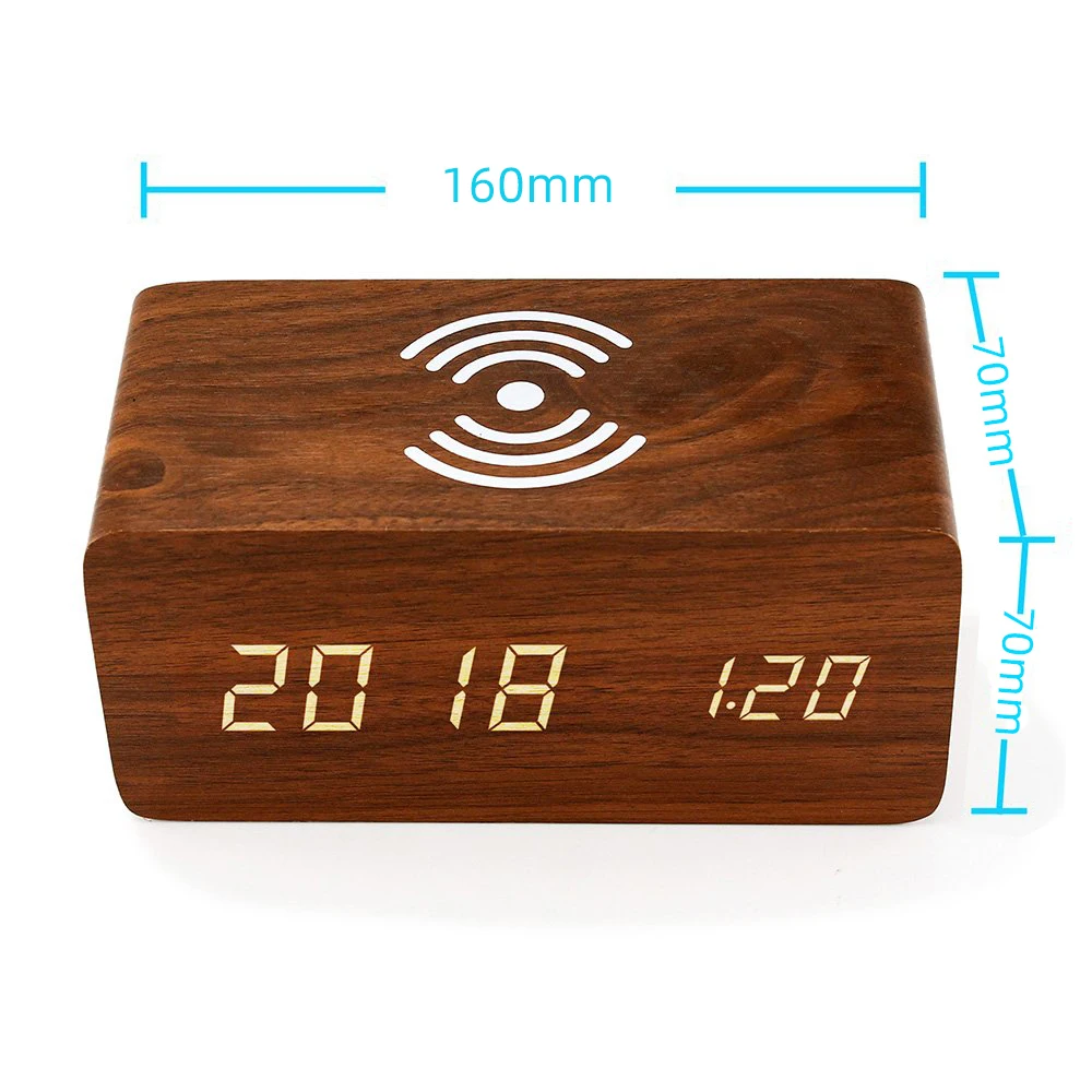 Factory Direct Led Alarm Clock Wifi  Wooden Digital Clock with Wireless Phone Charging