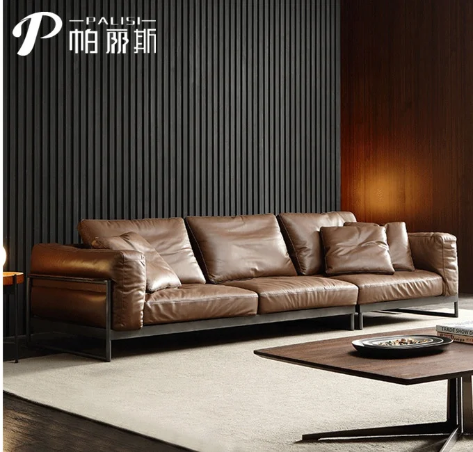 Frosted Steel Frame Leather Sofa 3-seater Italy Minimalist Style Sofa 4 seater Real Pure Leather couch chesterfield set
